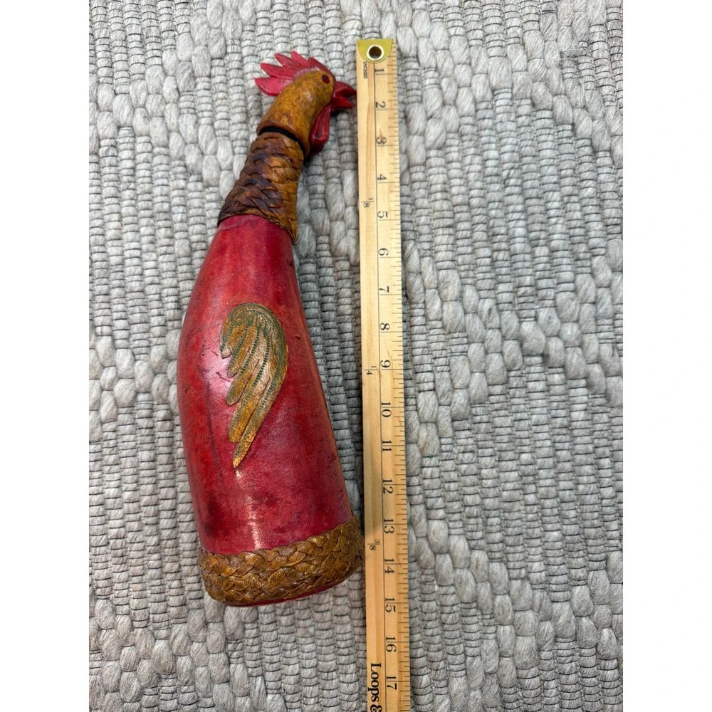 Vintage Italian Leather Rooster Decanter Red Made in Italy MCM Barware
